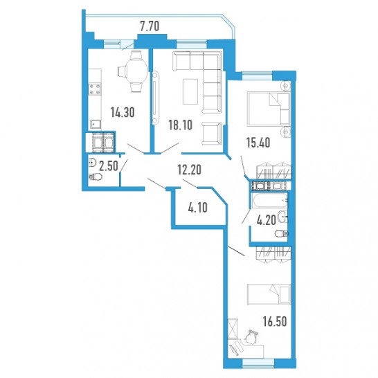 Трёхкомнатная квартира 91.2 м²