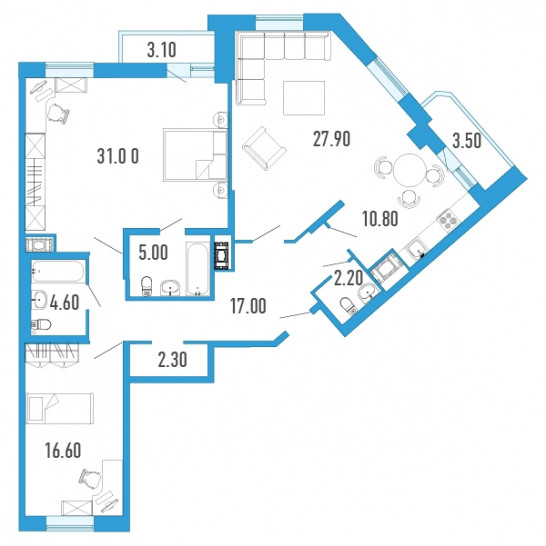 Трёхкомнатная квартира 119.94 м²
