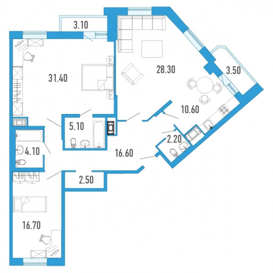 Трёхкомнатная квартира 120.9 м²